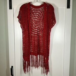 Deep Red Open Knit Crochet Cardigan Long Sweater Boho Fringe Sz‎ Medium Y2k